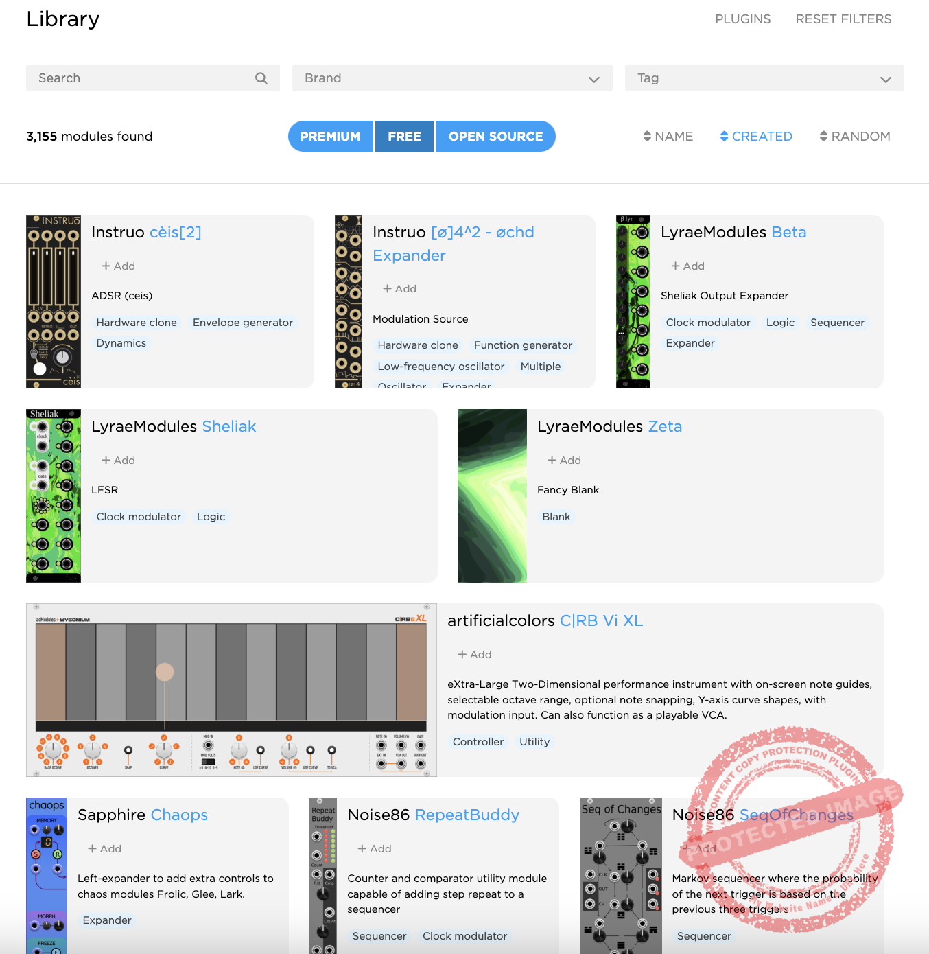 Showing the modules in library of VCV Rack 2